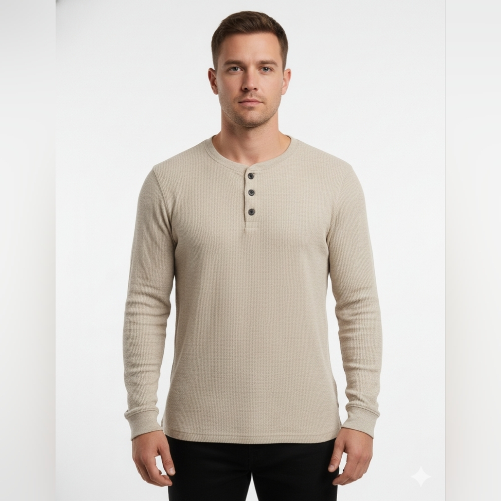 George Men's Ivory Cream Long Sleeve Henley Shirt Size Small (34-36)